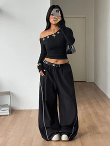 Coolane 女款大尺碼秋冬外出街頭風正式優雅彈性金屬孔眼不對稱領長袖黑色上衣，萬聖節穿搭 - 黑色 - 查看 3