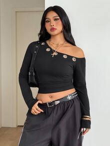Coolane 女款大尺碼秋冬外出街頭風正式優雅彈性金屬孔眼不對稱領長袖黑色上衣，萬聖節穿搭 - 黑色 - 查看 5