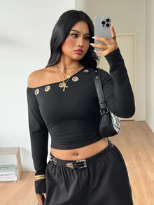 Coolane 女款大尺碼秋冬外出街頭風正式優雅彈性金屬孔眼不對稱領長袖黑色上衣，萬聖節穿搭 - 黑色 - 查看 4