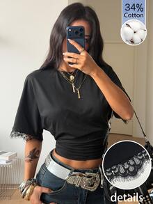 Coolane 女款秋季街頭風優雅晚裝夜出休閒基礎日常穿著黑色蕾絲拼接收腰T恤，34%棉黑色上衣 - 黑色 - 查看 3