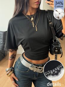 Coolane 女款秋季街頭風優雅晚裝夜出休閒基礎日常穿著黑色蕾絲拼接收腰T恤，34%棉黑色上衣 - 黑色 - 查看 4