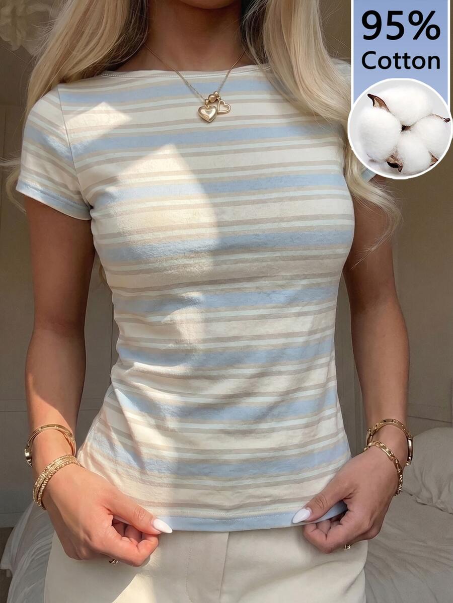 Tseoso 女款 95% 棉藍白條紋 T 恤,夏季街頭風,軟妹風,適合音樂節、約會、居家、旅行 - 彩色 - 查看 1