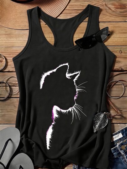 EMERY ROSE Casual Minimalist Cat Silhouette Pastoral Retro Camisole, Suitable For Plus Size Mothers In Summer Back To School,Spring/Vacation