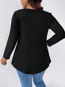 EMERY ROSE Plus Size Women's Elegant Sexy Casual Minimalist Commute Versatile Mesh Patchwork V-Neck Decorative Button Design Long Sleeve T-Shirt Fall - Black - View 2