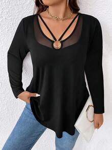 EMERY ROSE Plus Size Women's Elegant Sexy Casual Minimalist Commute Versatile Mesh Patchwork V-Neck Decorative Button Design Long Sleeve T-Shirt Fall - Black - View 5