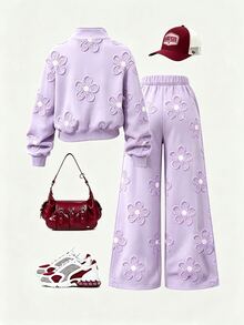 青少年女孩 2 件套運動衫套裝，柔軟芋紫色，花卉滿版印花，半拉鍊立領短版運動衫，寬鬆休閒運動風，甜美花卉圖案印花，適合學生日常穿著與外出，直筒運動長褲，秋冬款 - 彩色 - 查看 2