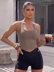StreetHx Solid Color Backless Cropped Halter Neck Sports Tank Top - Brown - View 5