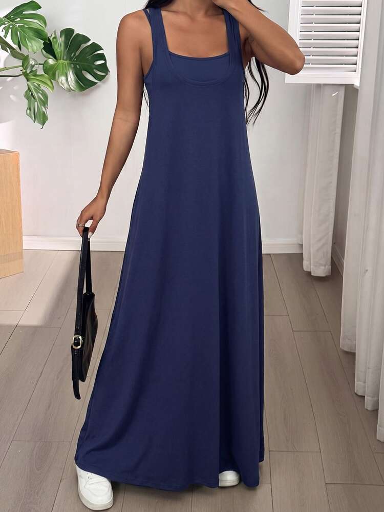 Muchica Spring/Summer Solid Color Asymmetric Neckline Sleeveless Camisole Top & Casual Plus Size Dress 2-Piece Set - Navy Blue - View 3