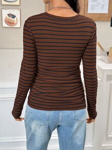 SHEIN 孕婦休閒條紋修身長袖T恤，適合秋季 - 鏽棕色 - 查看 4