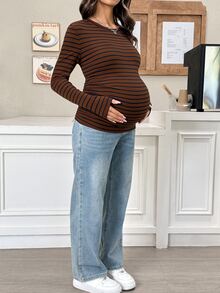 SHEIN 孕婦休閒條紋修身長袖T恤，適合秋季 - 鏽棕色 - 查看 7