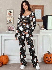SHEIN Autumn Maternity Jumpsuit With Skull, Ghost, Pumpkin, And Spiderweb Print And Waist Tie Halloween Fall - Multicolor - View 2
