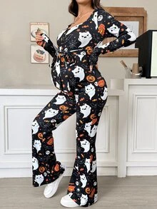SHEIN Autumn Maternity Jumpsuit With Skull, Ghost, Pumpkin, And Spiderweb Print And Waist Tie Halloween Fall - Multicolor - View 3