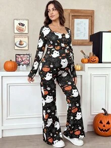 SHEIN Autumn Maternity Jumpsuit With Skull, Ghost, Pumpkin, And Spiderweb Print And Waist Tie Halloween Fall - Multicolor - View 1