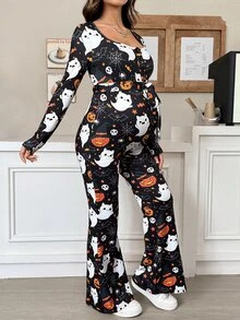 SHEIN Autumn Maternity Jumpsuit With Skull, Ghost, Pumpkin, And Spiderweb Print And Waist Tie Halloween Fall - Multicolor - View 9