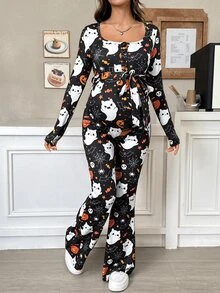 SHEIN Autumn Maternity Jumpsuit With Skull, Ghost, Pumpkin, And Spiderweb Print And Waist Tie Halloween Fall - Multicolor - View 7