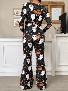 SHEIN Autumn Maternity Jumpsuit With Skull, Ghost, Pumpkin, And Spiderweb Print And Waist Tie Halloween Fall - Multicolor - View 4