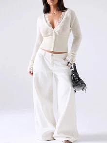 LYSMO Plus Size Women's Allover White Long Sleeve Lace Design Cardigan, Autumn/Winter Dinner Party Cocktail Elegant Decent - Beige - View 3