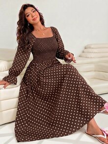 Solflare Gaun Ukuran Besar Kasual Vintage Elegan Era 1960-an 1920-an untuk Perjalanan Liburan Pesta Gaun Motif Polkadot Makan Malam Koktail Musim Gugur Cokelat - Coklat - View 2