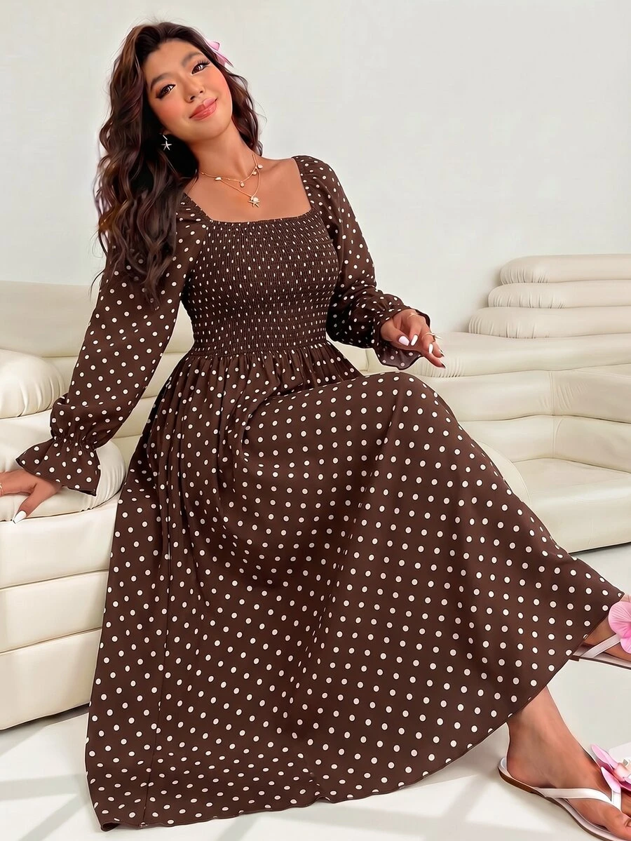 Solflare Gaun Ukuran Besar Kasual Vintage Elegan Era 1960-an 1920-an untuk Perjalanan Liburan Pesta Gaun Motif Polkadot Makan Malam Koktail Musim Gugur Cokelat