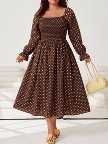Solflare Gaun Ukuran Besar Kasual Vintage Elegan Era 1960-an 1920-an untuk Perjalanan Liburan Pesta Gaun Motif Polkadot Makan Malam Koktail Musim Gugur Cokelat - Coklat - View 7