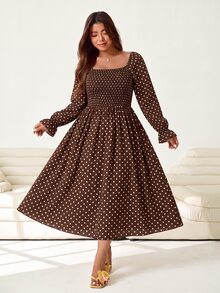 Solflare Gaun Ukuran Besar Kasual Vintage Elegan Era 1960-an 1920-an untuk Perjalanan Liburan Pesta Gaun Motif Polkadot Makan Malam Koktail Musim Gugur Cokelat - Coklat - View 4