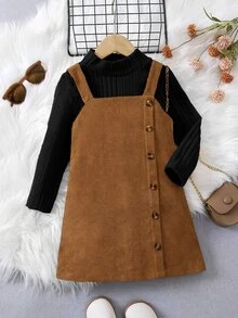 SHEIN Elladie kids 女童小女孩燈芯絨吊帶裙套裝 假領羅紋針織上衣 2件式裙裝套裝 秋冬服飾 - 彩色 - 查看 3