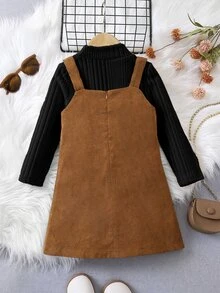 SHEIN Elladie kids 女童小女孩燈芯絨吊帶裙套裝 假領羅紋針織上衣 2件式裙裝套裝 秋冬服飾 - 彩色 - 查看 2