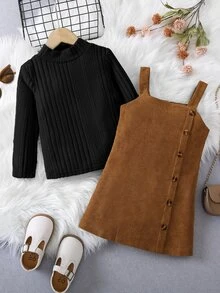 SHEIN Elladie kids 女童小女孩燈芯絨吊帶裙套裝 假領羅紋針織上衣 2件式裙裝套裝 秋冬服飾 - 彩色 - 查看 4