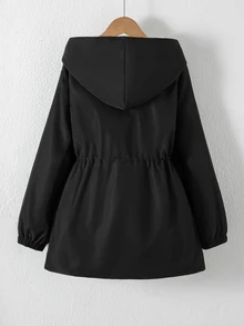 女童（大童）秋冬加厚保暖休閒百搭日常穿著雪絨內裡連帽收腰工裝口袋派克棉襖外套 - 黑色 - 查看 4