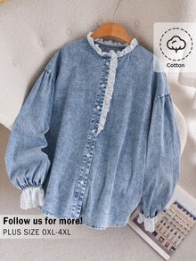 CosyJoli 大码女装秋冬衬衫、纽扣领上衣、牛仔水洗衬衫、可爱蕾丝衬衫、休闲女装、女童服装、灯笼袖衬衫 - 藍色 - 查看 2