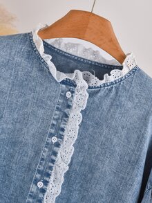 CosyJoli 大码女装秋冬衬衫、纽扣领上衣、牛仔水洗衬衫、可爱蕾丝衬衫、休闲女装、女童服装、灯笼袖衬衫 - 藍色 - 查看 5