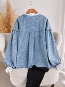 CosyJoli 大码女装秋冬衬衫、纽扣领上衣、牛仔水洗衬衫、可爱蕾丝衬衫、休闲女装、女童服装、灯笼袖衬衫 - 藍色 - 查看 3