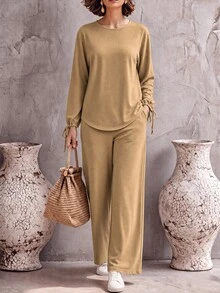 Breezaya Conjunto de dos piezas de punto para otoño/invierno para mujeres de mediana edad y mayores, con top marrón de cuello redondo, corte holgado, manga larga tipo farol con decoración de lazo con cordón, combinado con pantalones rectos de punto, adecuado para casa, compras, desplazamientos y uso diario - Caqui - Ver 7