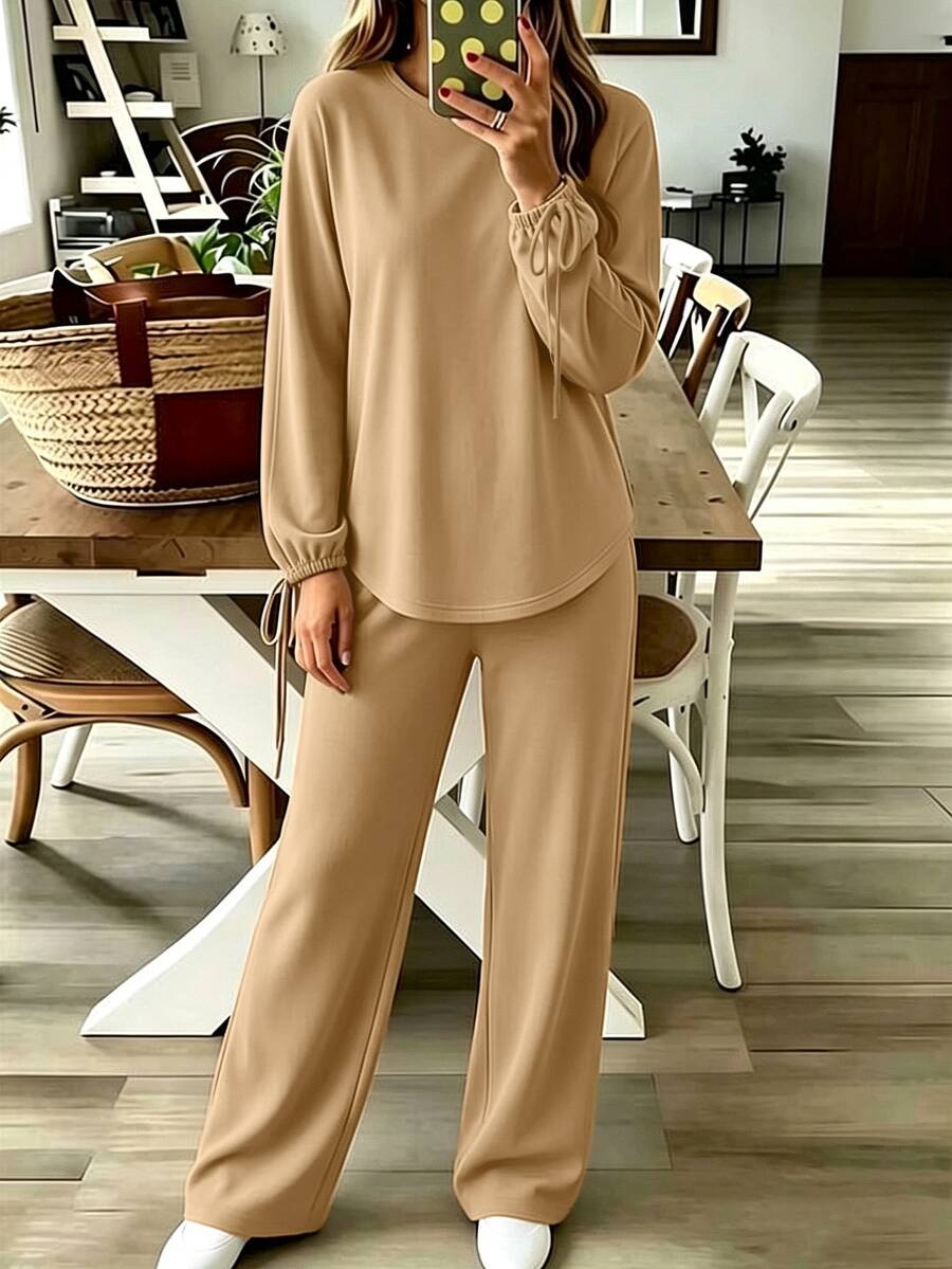 Breezaya Conjunto de dos piezas de punto para otoño/invierno para mujeres de mediana edad y mayores, con top marrón de cuello redondo, corte holgado, manga larga tipo farol con decoración de lazo con cordón, combinado con pantalones rectos de punto, adecuado para casa, compras, desplazamientos y uso diario - Caqui - Ver 1