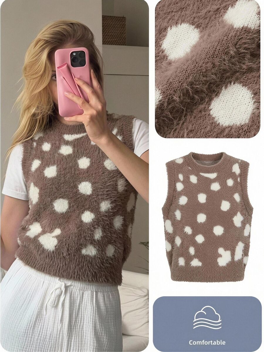 SHEIN EZwear 女款拼色圖案無袖針織上衣 日常校園穿搭 棕色與白色波點 夏季休閒可愛風