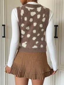 SHEIN EZwear 女款拼色圖案無袖針織上衣 日常校園穿搭 棕色與白色波點 夏季休閒可愛風 - 駝色 - 查看 3