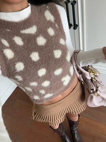 SHEIN EZwear 女款拼色圖案無袖針織上衣 日常校園穿搭 棕色與白色波點 夏季休閒可愛風 - 駝色 - 查看 7