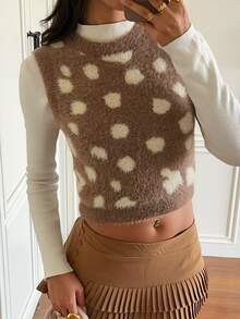 SHEIN EZwear 女款拼色圖案無袖針織上衣 日常校園穿搭 棕色與白色波點 夏季休閒可愛風 - 駝色 - 查看 9
