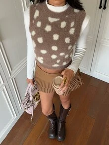 SHEIN EZwear 女款拼色圖案無袖針織上衣 日常校園穿搭 棕色與白色波點 夏季休閒可愛風 - 駝色 - 查看 4
