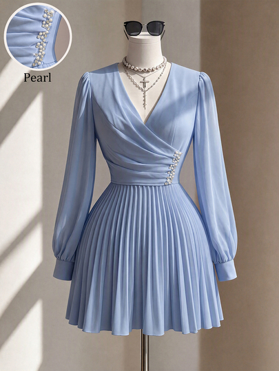 Fine & Folde Đầm mini nữ voan chiffon dáng quấn, tay phồng, eo chiết, dáng chữ A xếp ly, đính ngọc trai, phong cách tối giản lãng mạn thanh lịch cho tiệc sân vườn, tiệc độc thân và đám cưới