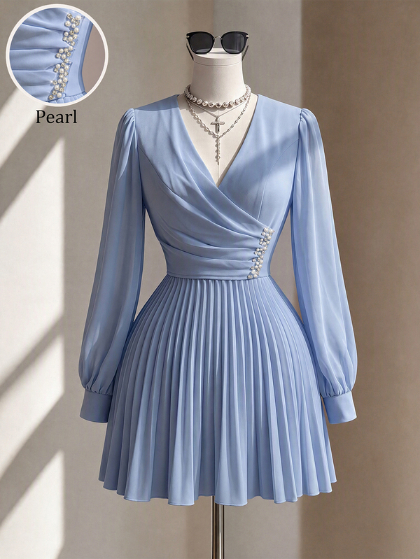 Fine & Folde Women's Chiffon Wrap Puff Sleeve Cinched Waist A-Line Pleated Mini Dress Pearl Decor Minimalist Romantic Elegant Garden Party Bachelorette Wedding