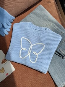 New Stylish Versatile Cute Butterfly Pullover Sweater For Older Girls - Baby Blue - View 9