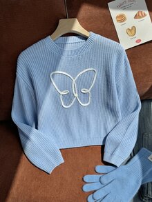 New Stylish Versatile Cute Butterfly Pullover Sweater For Older Girls - Baby Blue - View 5