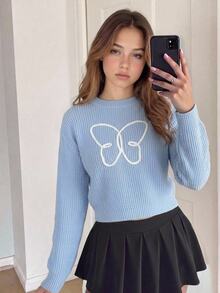 New Stylish Versatile Cute Butterfly Pullover Sweater For Older Girls - Baby Blue - View 1