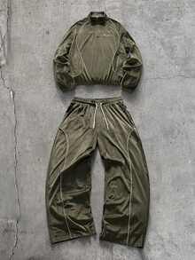 Men's AXEPEAK Casual Fashion Pullover Sweatshirt + Fashion Wide Leg Pants Set - Army Green - View 2