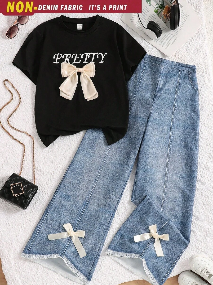 SHEIN 2件套青少年女孩蝴蝶结黑色短袖T恤和牛仔效果阔腿裤套装 - 彩色 - 查看 1