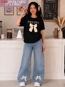 SHEIN 2件套青少年女孩蝴蝶结黑色短袖T恤和牛仔效果阔腿裤套装 - 彩色 - 查看 3