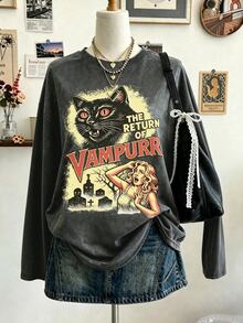 EMERY ROSE 女款休閒長袖萬聖節與亡靈節系列圖案印花秋季風格 - 深灰色 - 查看 1