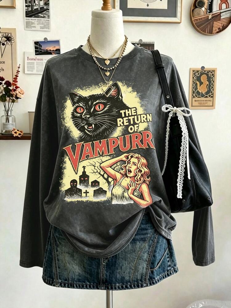 EMERY ROSE Women's Casual Long Sleeve Halloween & Day Of The Dead Series Graphic Print Autumn Style Fall - Dark Grey - View 1
