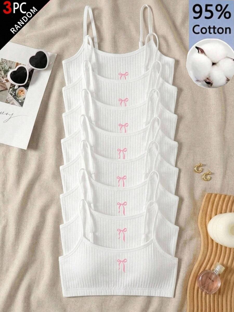 SHEIN Tween女孩兒童款簡約休閒方領內衣背心,附胸墊杯,親膚舒適蝴蝶結刺繡內褲,學生內衣,羅紋3件套,白色,四季皆宜 - 白色 - 查看 1